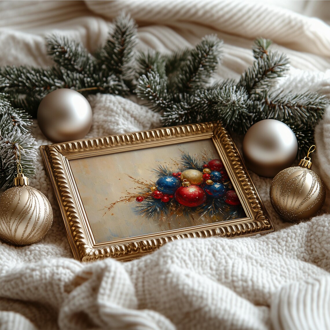 Vintage Christmas Baubles Oil Painting Pine Sprigs Holiday Art Poster - Image 4