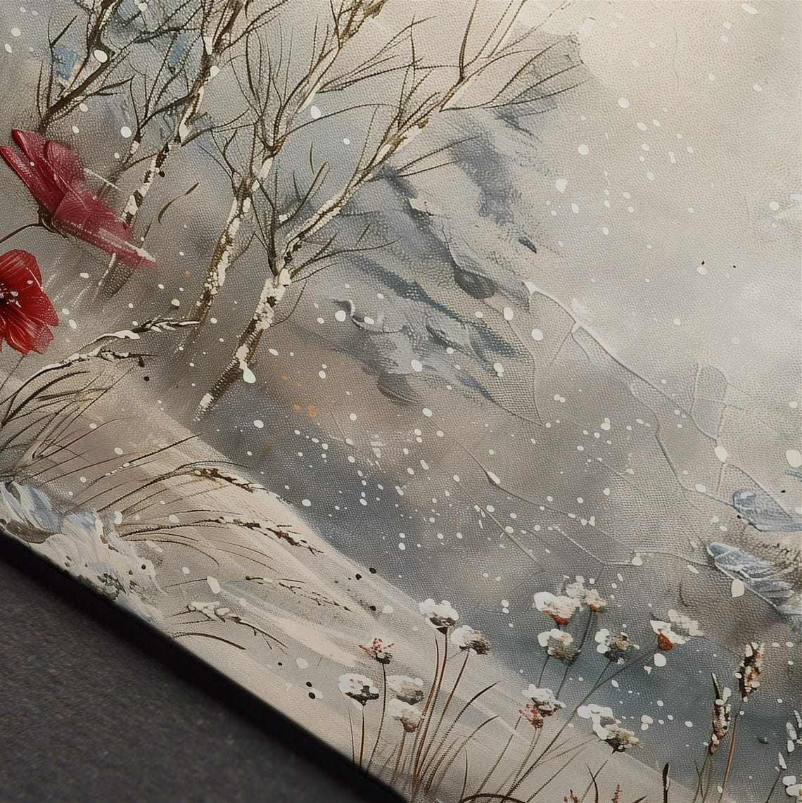 Snowy Winter Forest Red Poppies Falling Snow Rustic Christmas Wall Art - Image 5