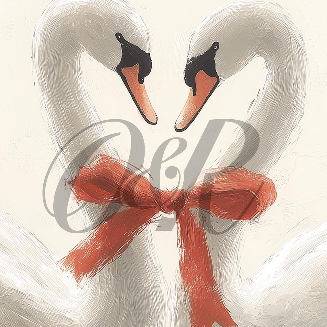 Romantic Swan Pair Heart-Shaped Necks Red Ribbon Moody Lake Wall Art - Image 5