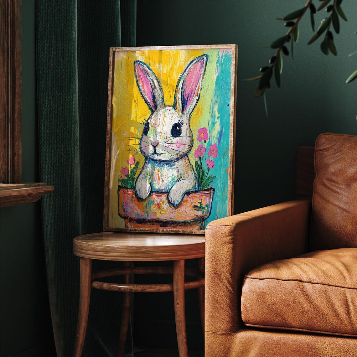 Colorful Bunny in Flower Pot Yellow Teal Background Kids Room Wall Art - Image 3