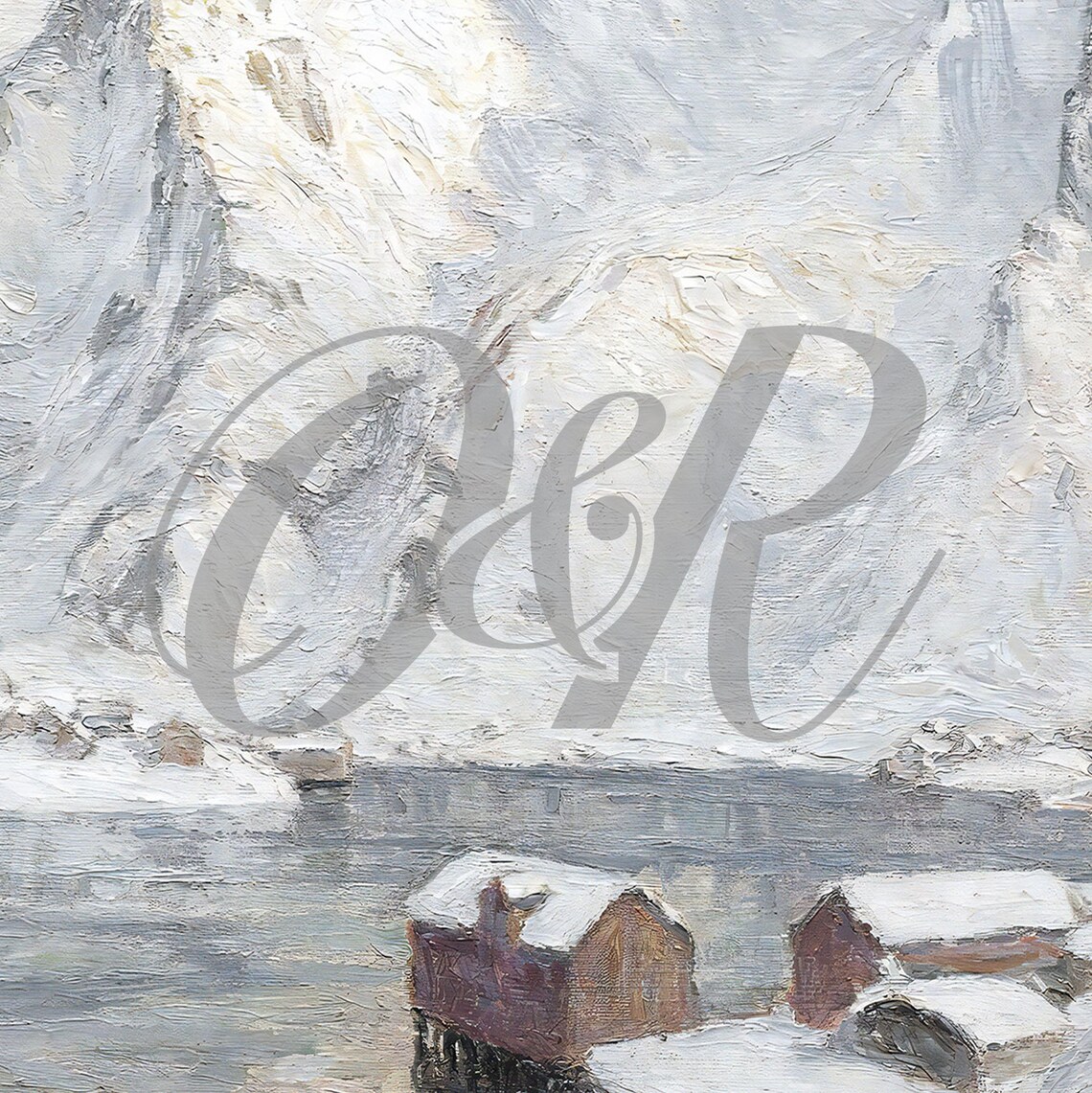 Snowy Nordic Fishing Village Mountain Fjord Winter Oil Painting Poster - Image 5