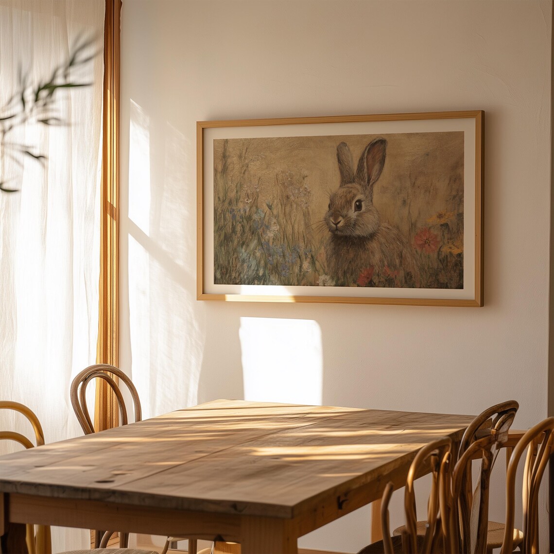 Brown Bunny In Wildflower Meadow Vintage Impressionist Oil Painting Poster - Image 2