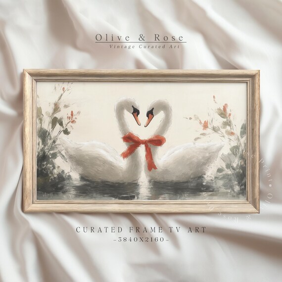Swan Valentine Day Frame Tv Art Vintage Love Bird Watercolor Painting Tv Art Neutral Romantic Swan Decor Moody Lake Screensaver