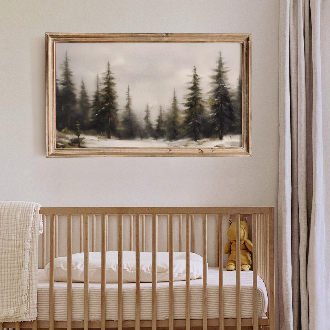 Misty Neutral Pine Forest Winter Trees Minimalist Vintage Art Poster - Image 2