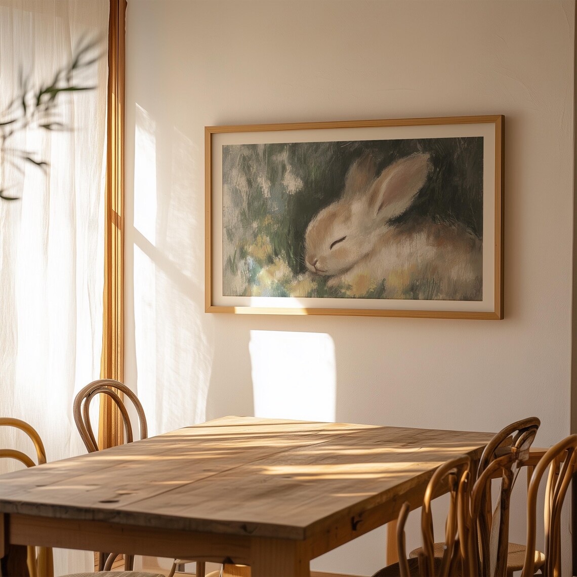 Sleepy Bunny Resting In Wildflower Meadow Muted Impressionist Oil Poster - Image 2