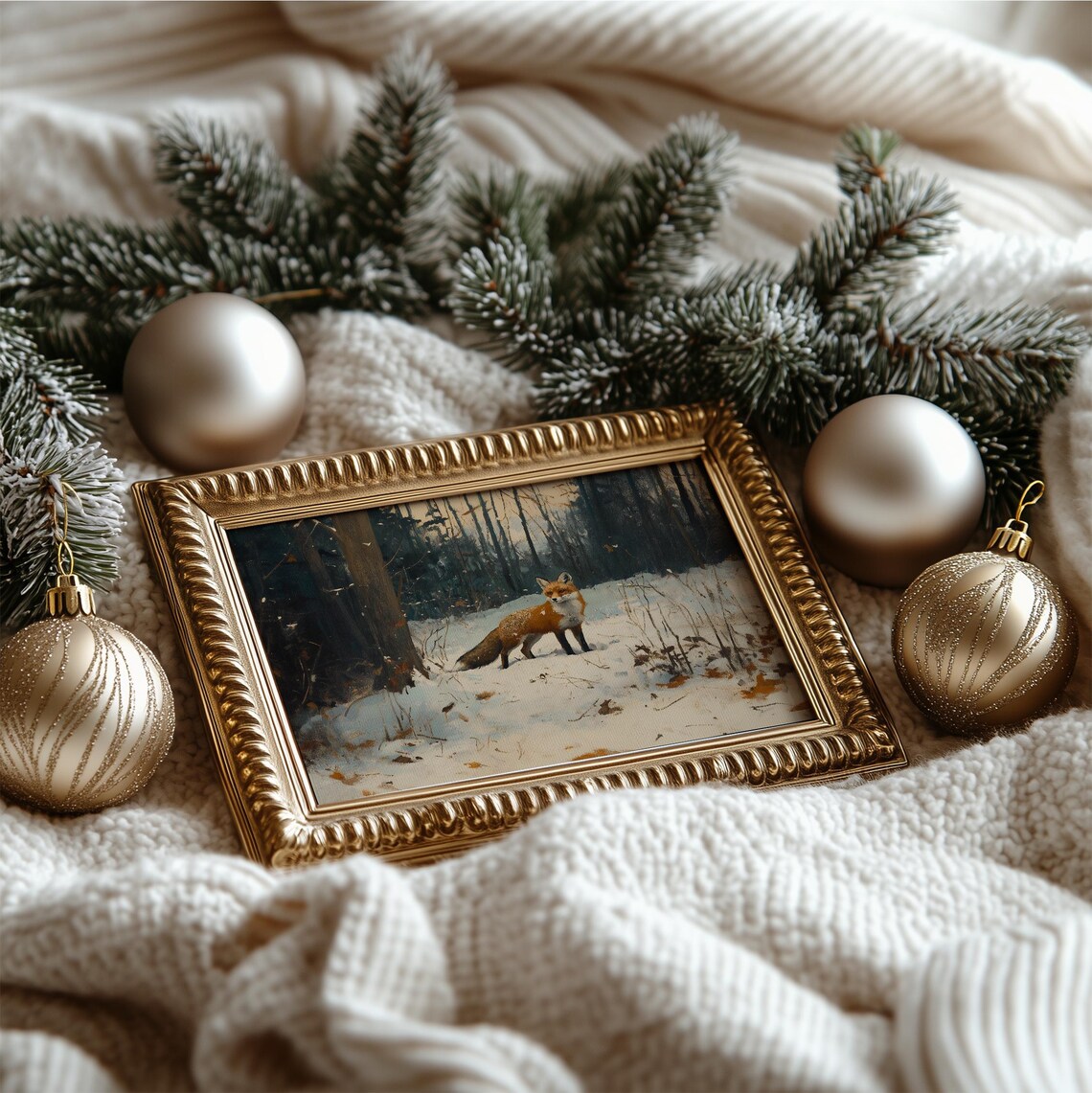 Red Fox Standing In Snowy Woodland Vintage Oil Painting Rustic Wildlife Print - Image 5
