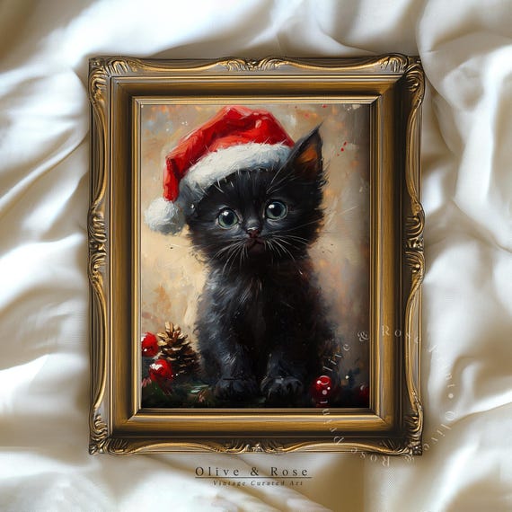 Black Kitten With Santa Hat Print Christmas Wall Art Cute Baby Cat Oil Painting Print Vintage Winter Wall Decor