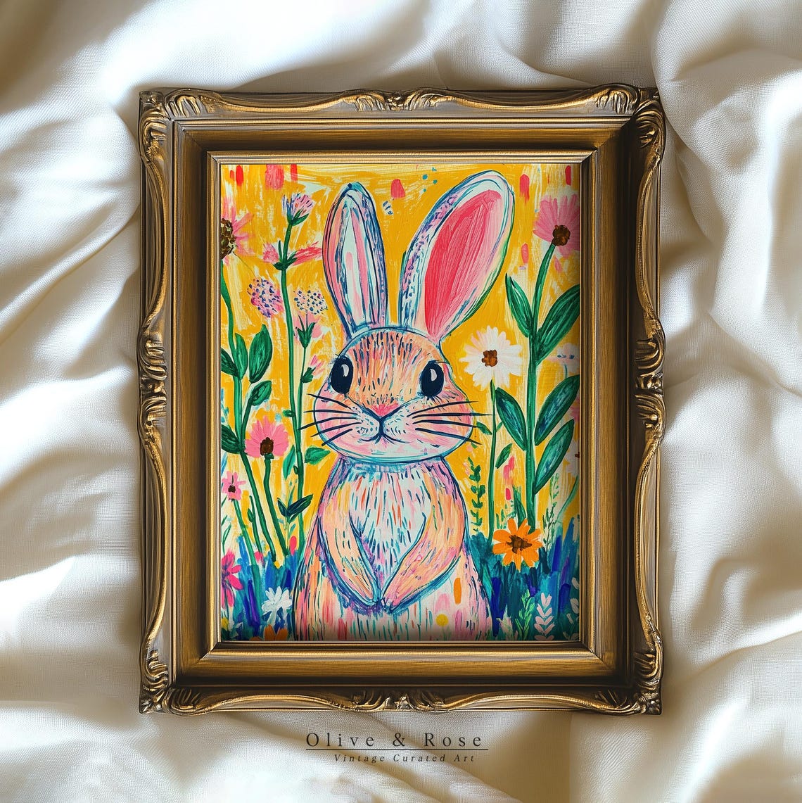Colorful Whimsical Bunny Yellow Meadow Wildflowers Kids Room Wall Art - Image 3