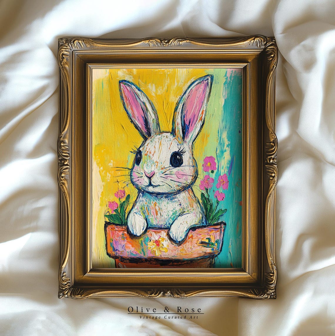 Colorful Easter Bunny In Pot Print Cute Vibrant Rabbit Painting Wall Art Spring Nursey Pastel Decor Floral Prints - Image 2