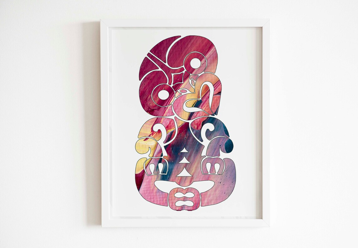 Pink Watercolor Maori Tiki Style Tribal Totem Figure Art Poster - Image 2