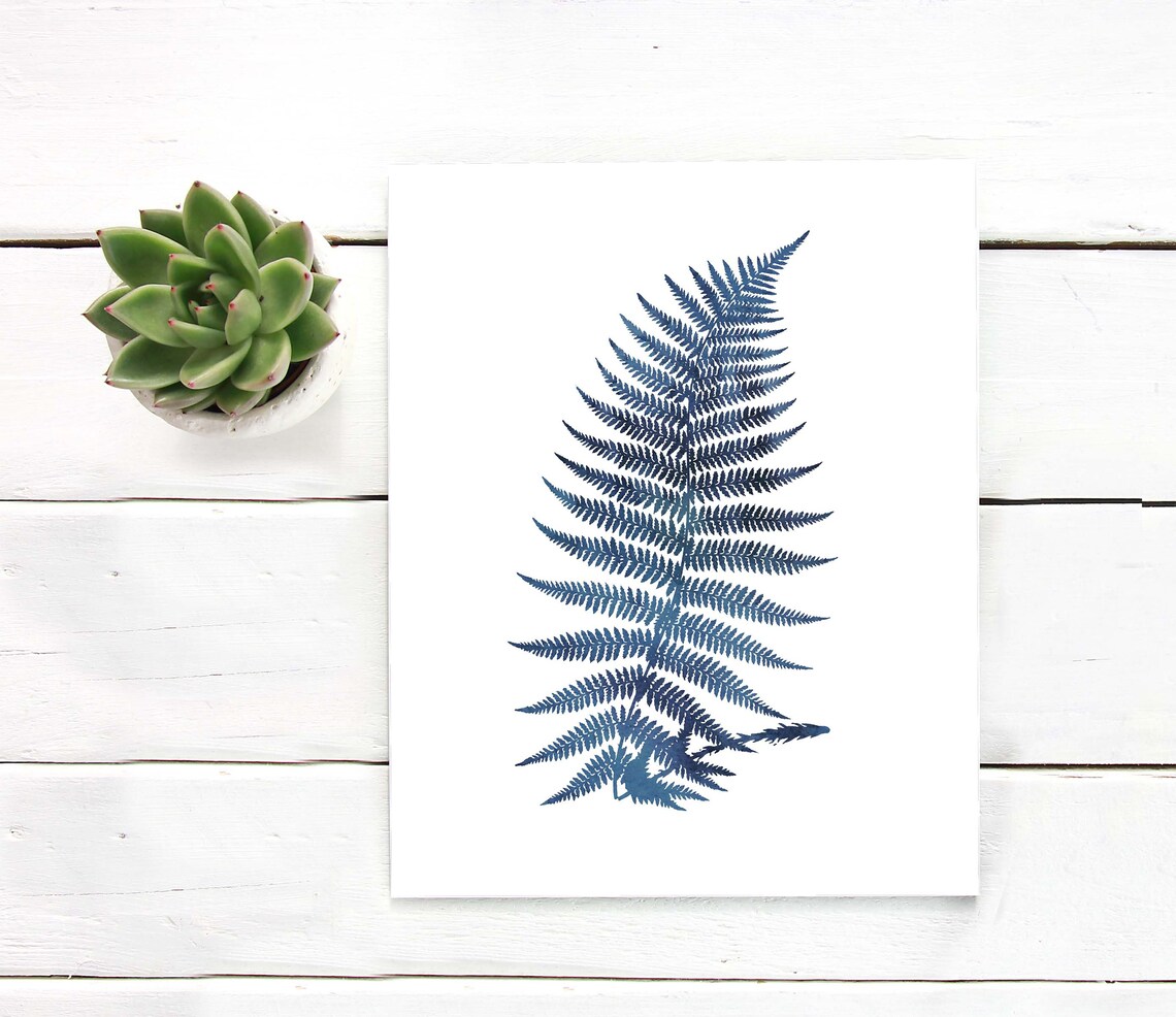 Indigo Blue Fern Single Frond Watercolor Botanical White Art Print - Image 3