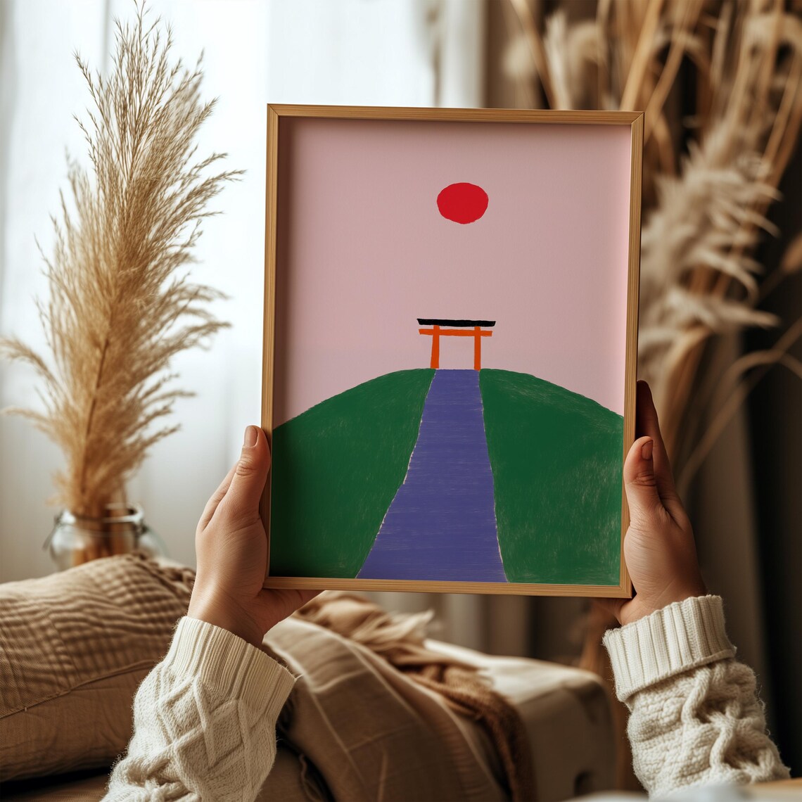 Japanese Torii Gate Minimalist Zen Art Poster Red Sun Green Hills Scene