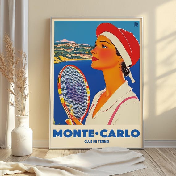Monte Carlo Tennis Poster Club De Tennis Wall Art Vintage Tennis Artwork Retro Sports Decor