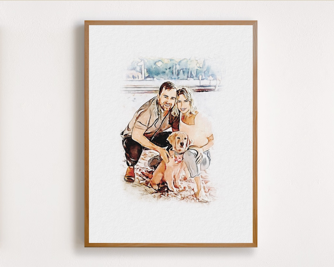 Winter Couple with Dog Watercolor Holiday Family Portrait Poster - Image 5