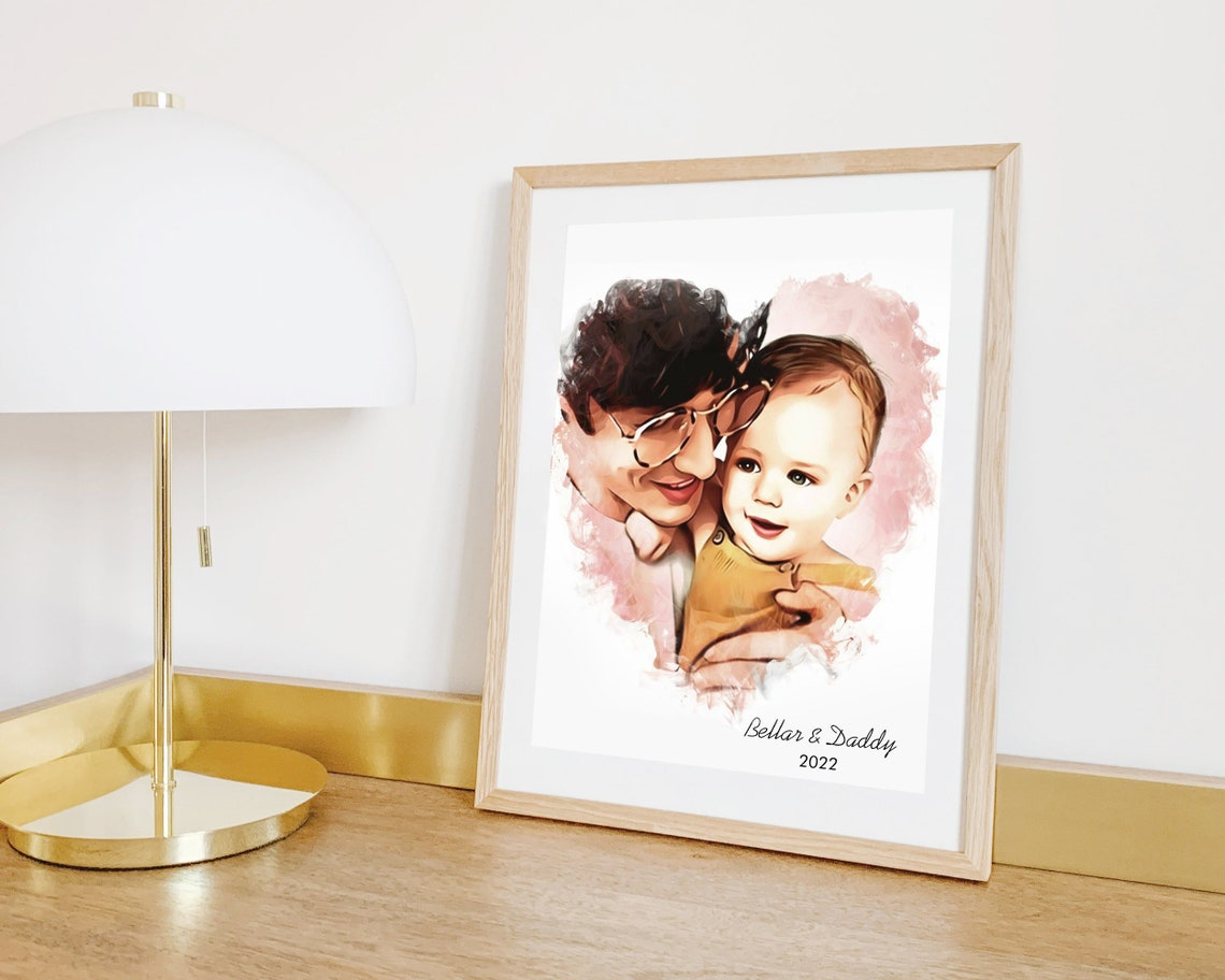 Bella and Daddy with Baby in Watercolor Heart Family Portrait Poster - Image 5