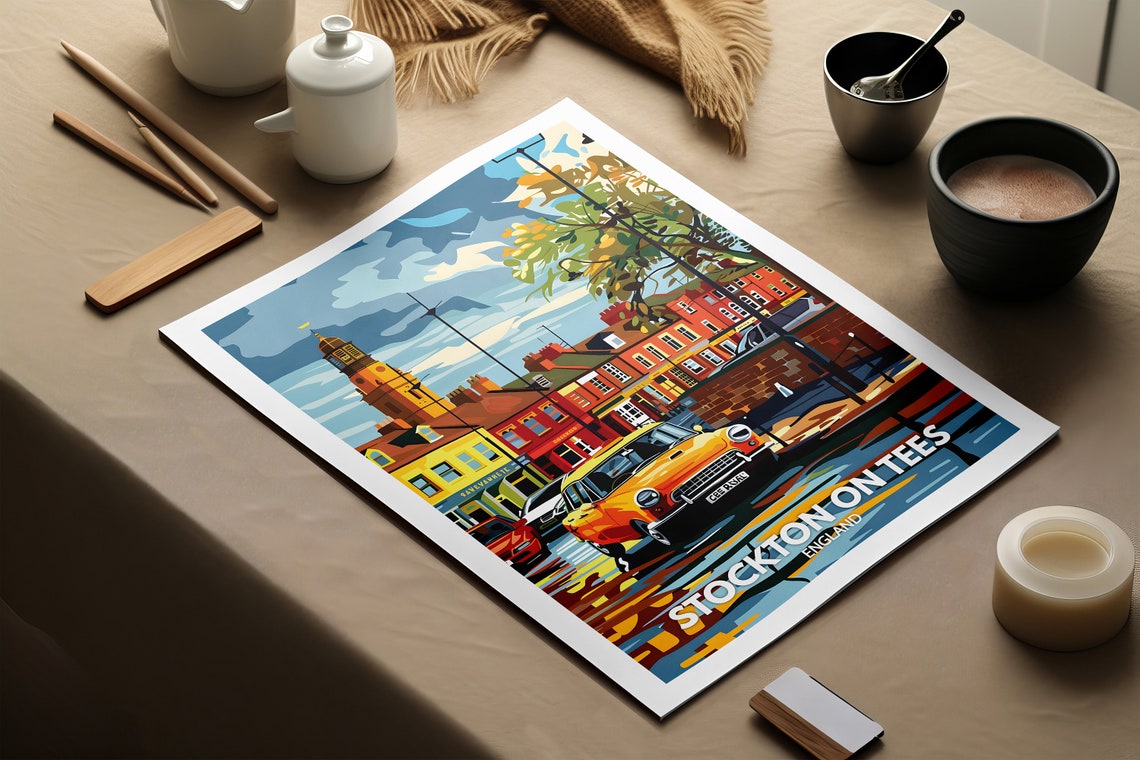 Stockton On Tees England Classic Car Town Centre Vintage Travel Poster - Image 2