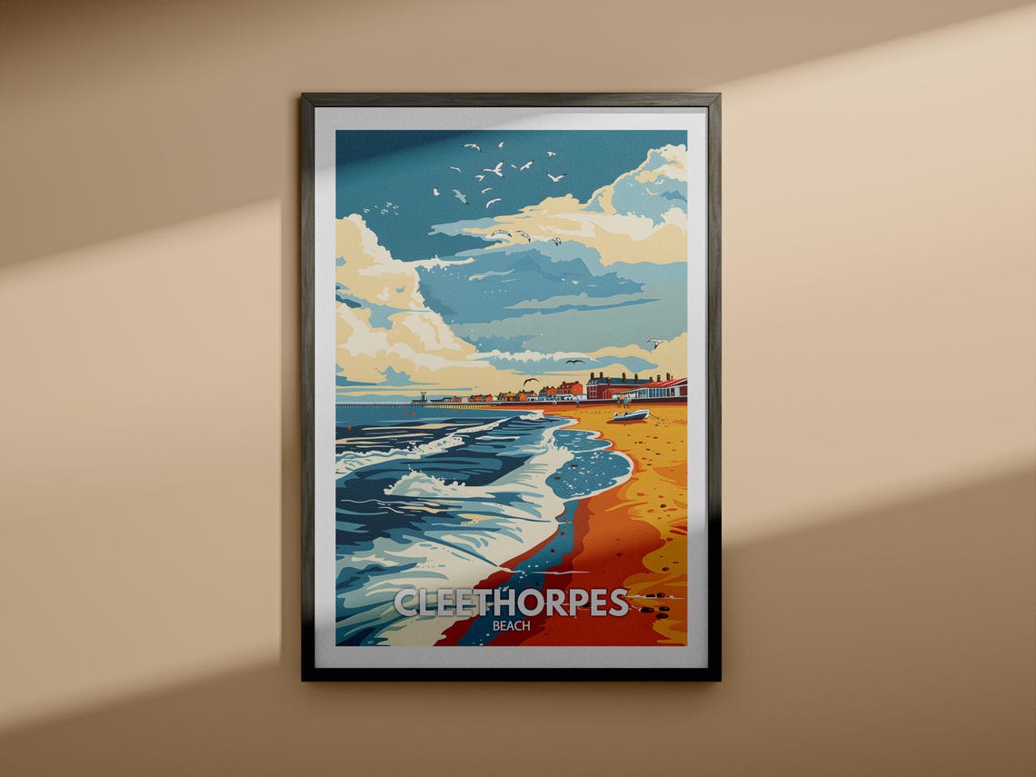Cleethorpes Beach Travel Poster Rolling Waves Pier Seagulls Scene - Image 4