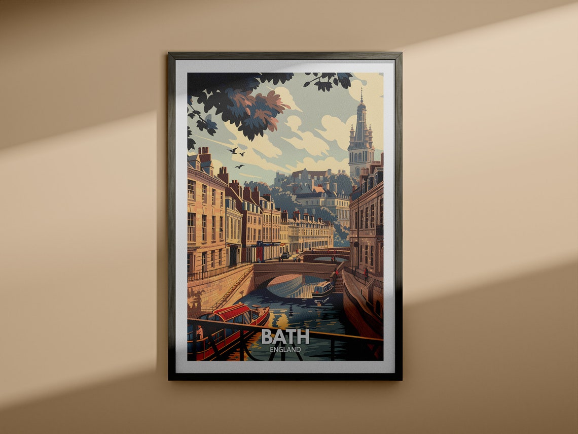 Bath England Travel Poster River Avon Bridge Georgian View Scene - Image 4