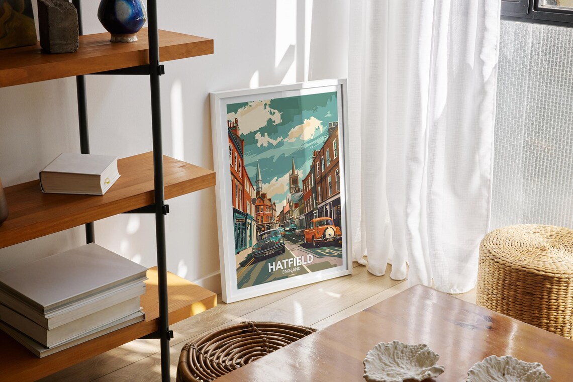 Hatfield England Historic High Street Classic Cars Travel Poster - Image 2