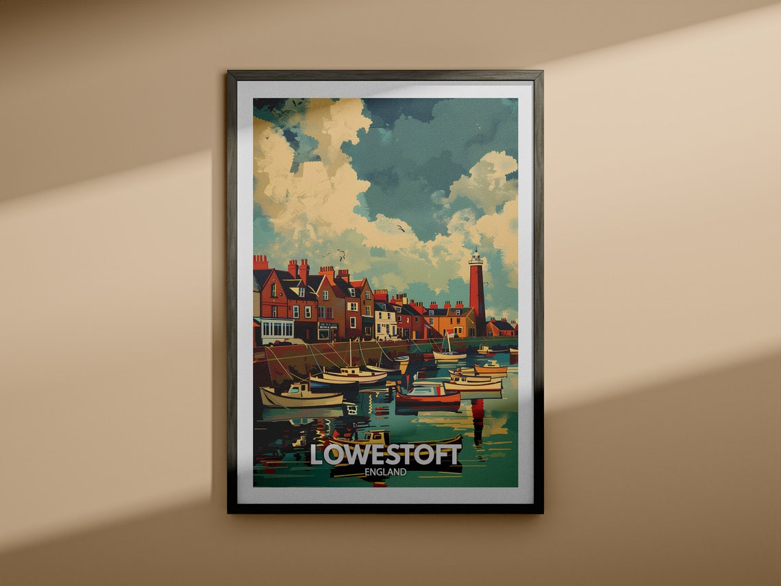Lowestoft England Harbor Travel Poster Lighthouse Boats Illustration - Image 4