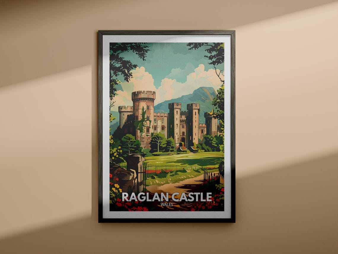 Raglan Castle Wales Historic Towers Mountain Backdrop Poster - Image 4