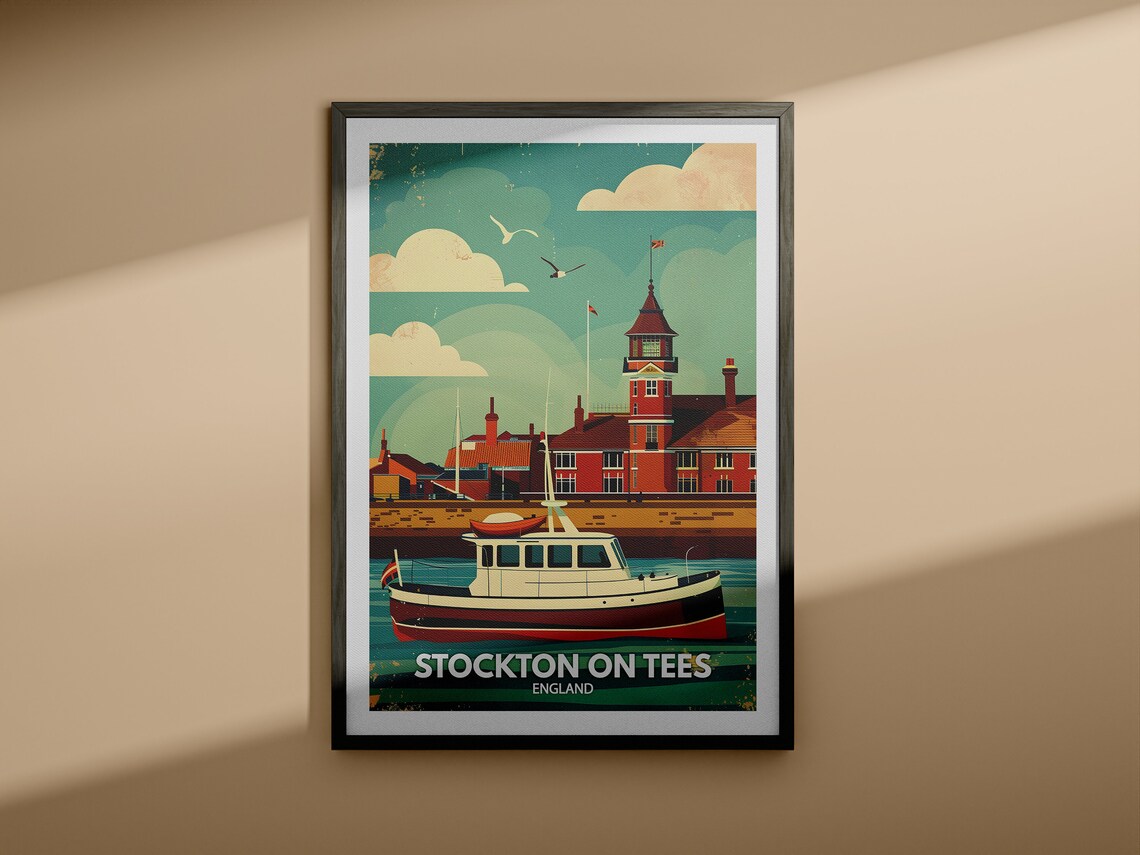 Stockton On Tees England Harbour Fishing Boat Sunset Vintage Poster - Image 4