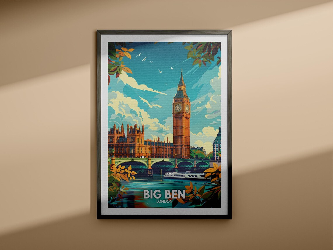 Big Ben London Travel Poster Clock Tower River Bridge Vintage Art - Image 4