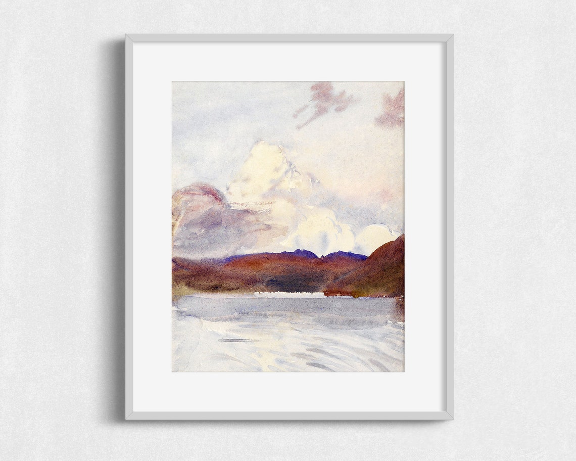 Soft Violet Mountain Lake Abstract Watercolor Landscape Art Print - Image 2