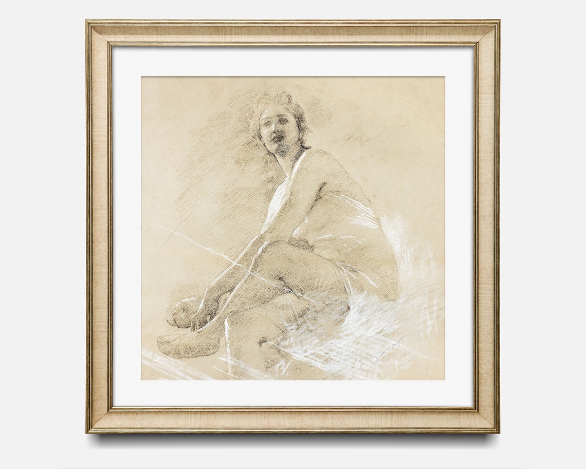 Seated Nude Woman Charcoal Figure Study Vintage Sketch Art Poster - Image 2