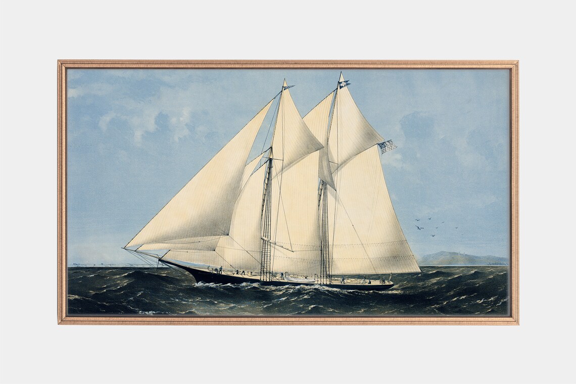 Vintage Racing Yacht Under Full Sail Nautical Ocean Art Print