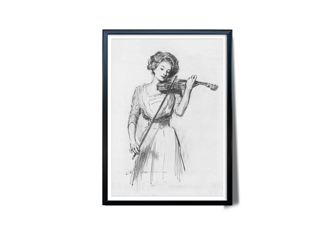 Woman Playing Violin Vintage Ink Sketch Gibson Girl Style Drawing Art Poster - Image 2