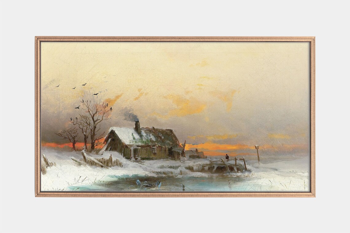 Rustic Cabin by Frozen Pond at Sunset Vintage Winter Landscape Poster
