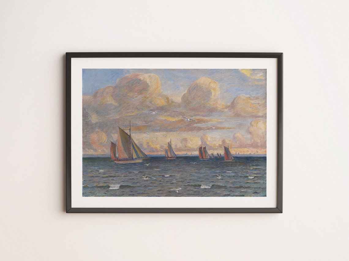 Vintage Sailboat Seascape Painting Cloudy Sky Nautical Ocean Poster - Image 4
