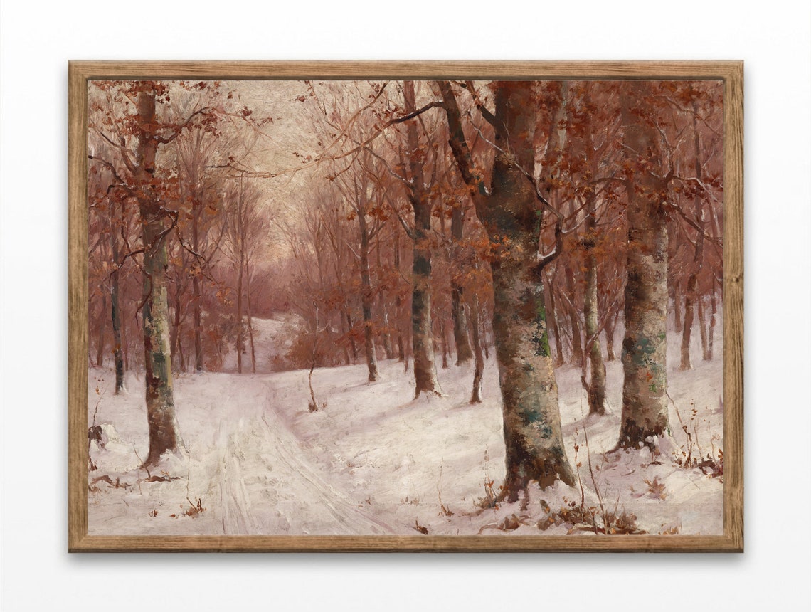 Winter Forest Path Snowy Woods Vintage Trees Painting Art Print