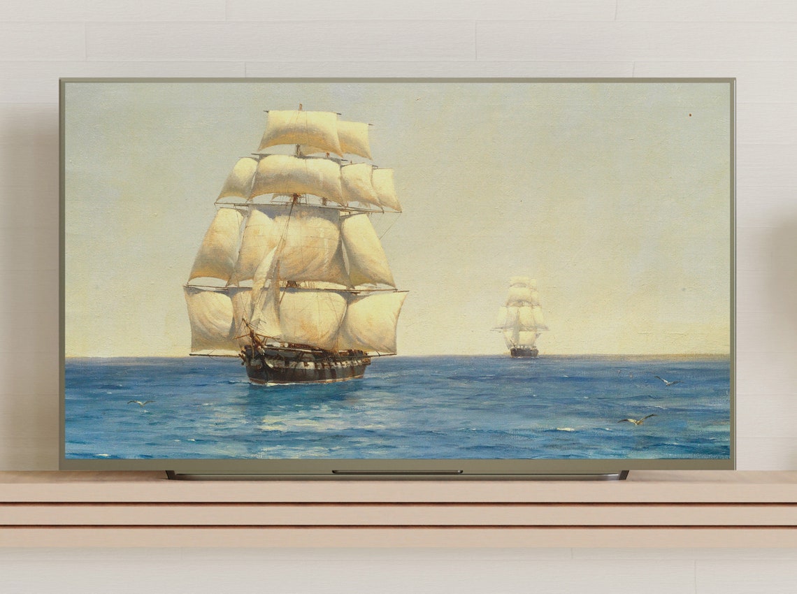 Tall Sailing Ship Full Sails Ocean Vintage Nautical Painting Print - Image 3