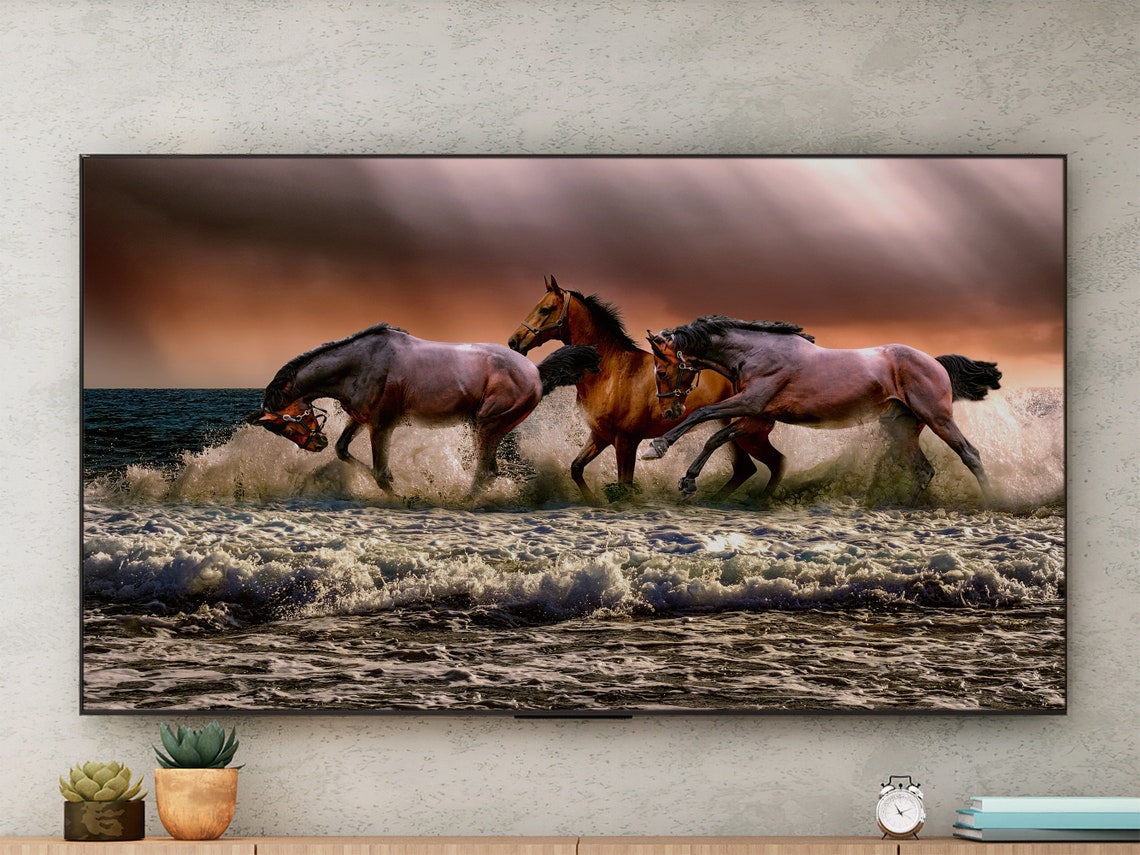 Horses Galloping Ocean Surf Dramatic Sunset Wildlife Action Art Poster - Image 3