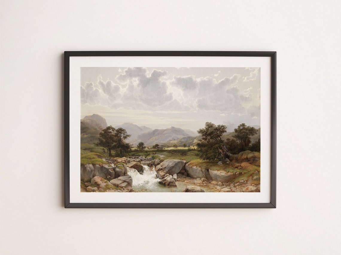 Mountain Waterfall Over Rocky Cliffs Vintage Landscape Art Poster - Image 4