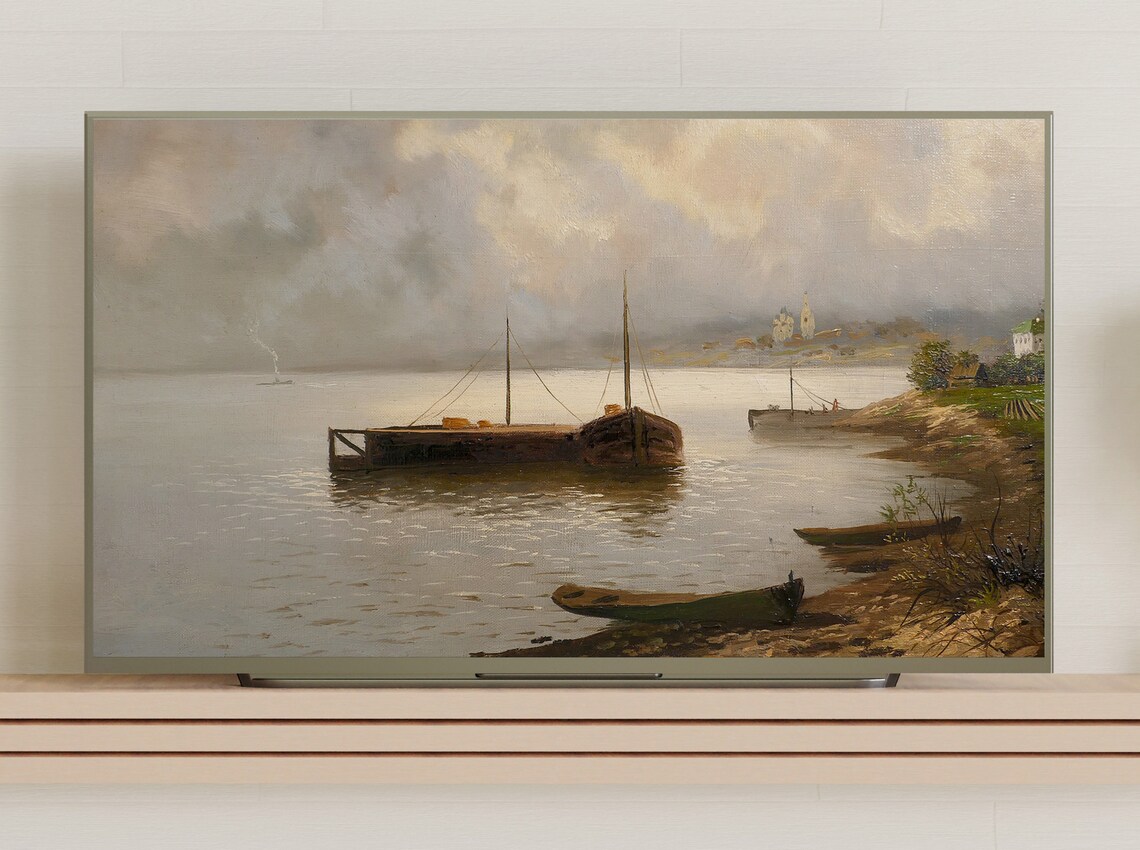 River Boats Misty Morning Wide River Vintage Landscape Painting Art Poster - Image 3