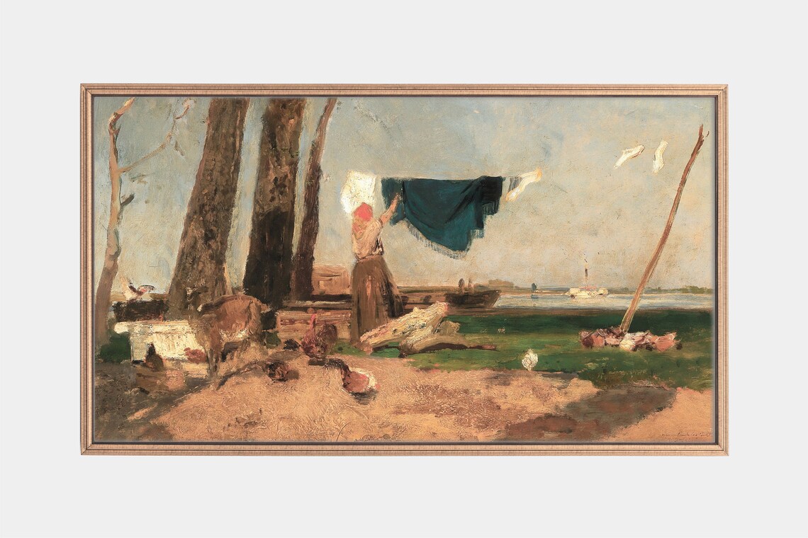 Washerwomen, 1868 Landscape Painting Vintage Art Print