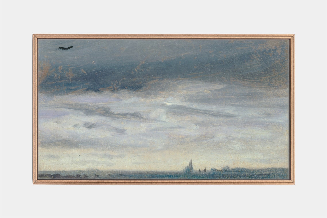 Moody Gray Clouds Over Calm Sea Lone Bird Vintage Sky Study Art Poster