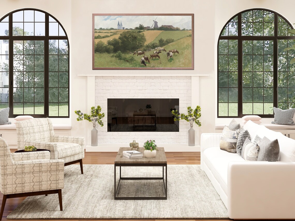 Cows Grazing Green Pasture Windmill Church Vintage Landscape Poster - Image 3