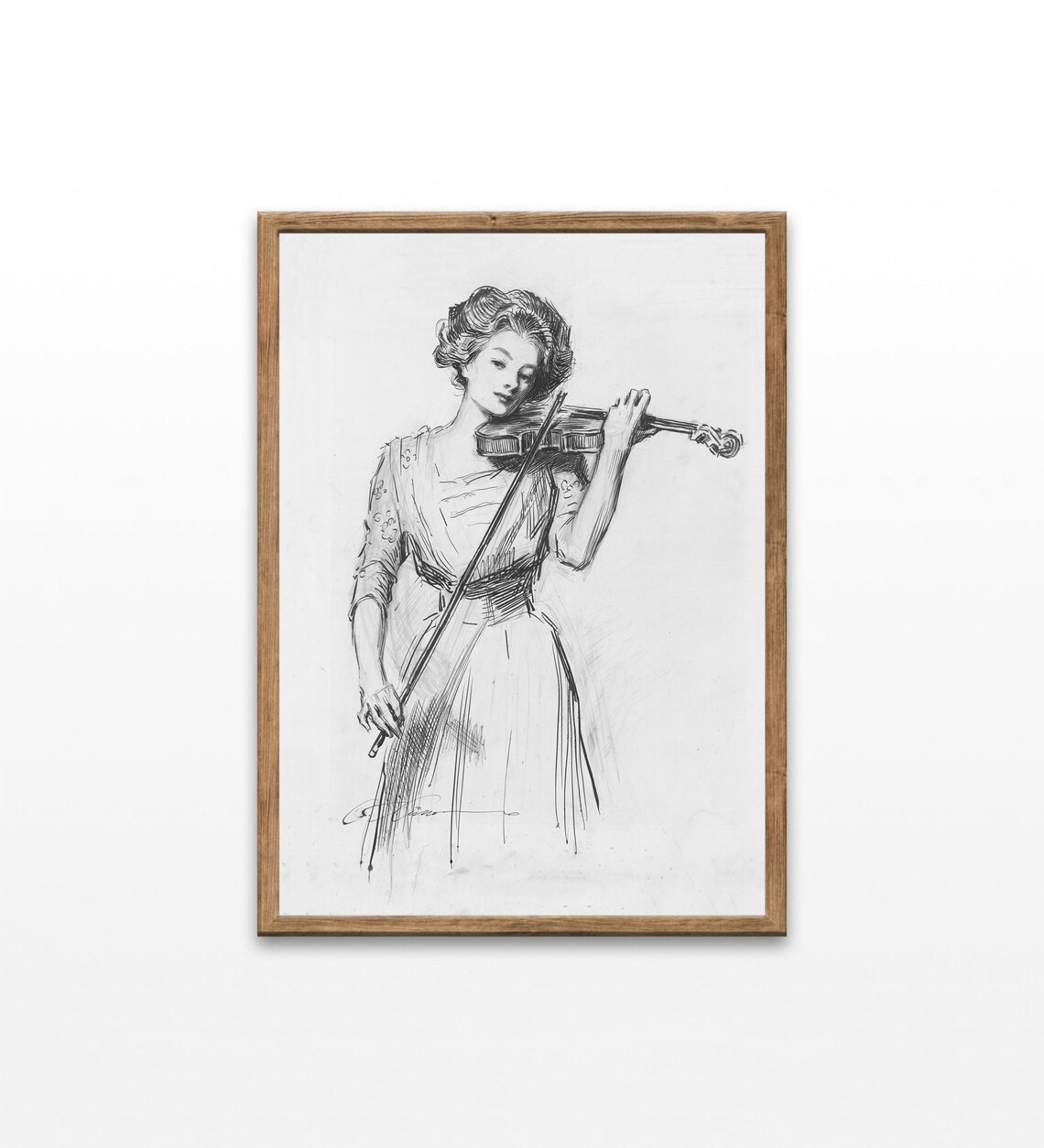 Woman Playing Violin Vintage Ink Sketch Gibson Girl Style Drawing Art Poster