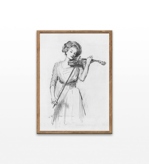 Woman Playing Violin Vintage Ink Sketch Gibson Girl Style Drawing Art Poster