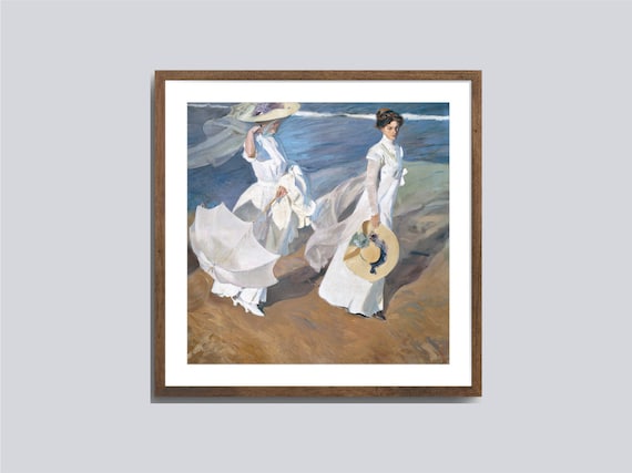 Sorolla Strolling Along The Seashore Women White Dresses Beach Art Poster