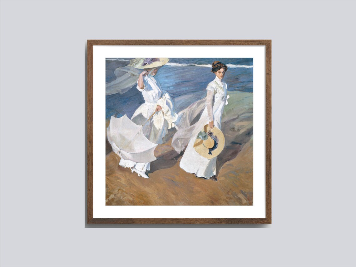 Sorolla Strolling Along The Seashore Women White Dresses Beach Art Poster