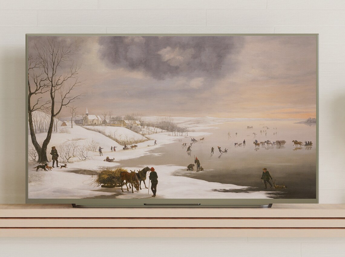 Skaters on Frozen River at Sunset Vintage Winter Village Poster - Image 3