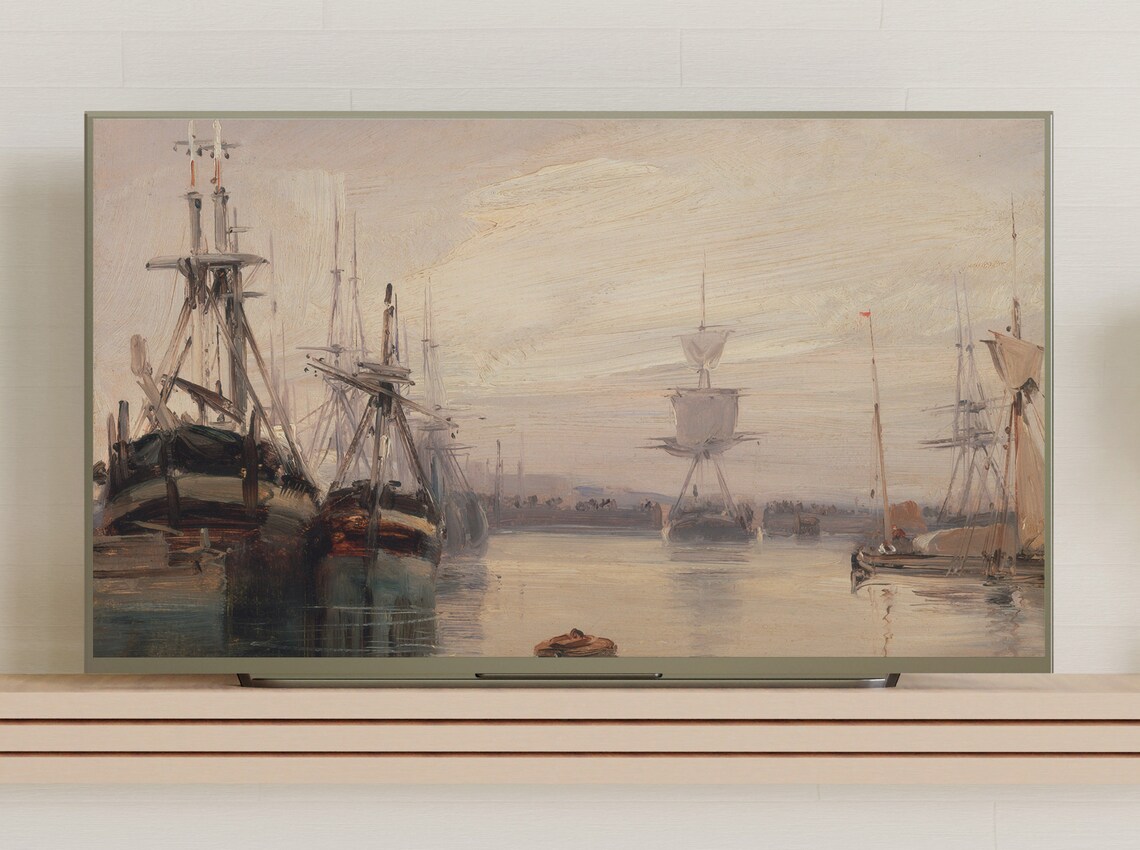 Tall Ships At Anchor In Calm Harbor Golden Dusk Seascape Art Poster - Image 3