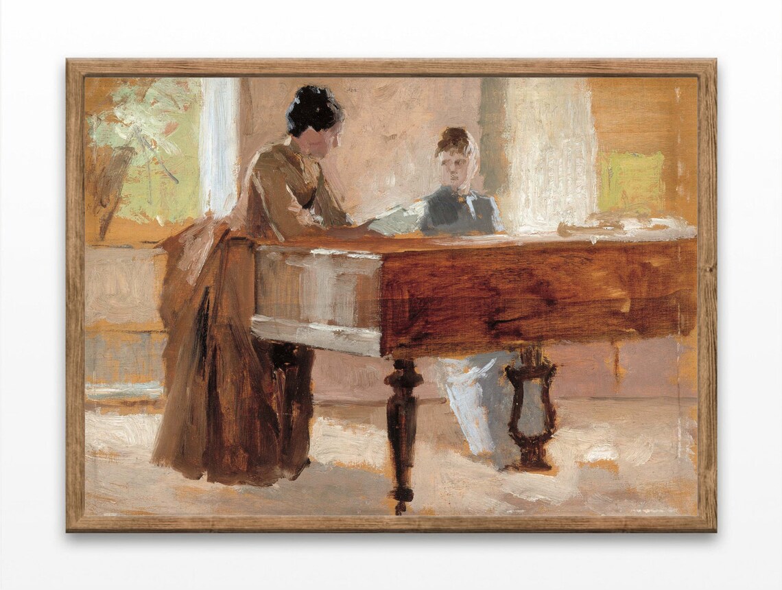 Woman At Grand Piano Vintage Oil Painting Classic Music Room Wall Poster
