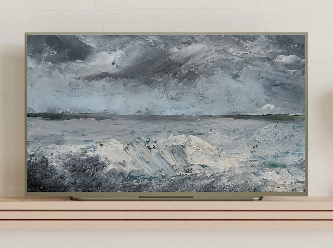 Stormy Ocean Waves Gray Blue Impasto Oil Painting Moody Seascape Poster - Image 3