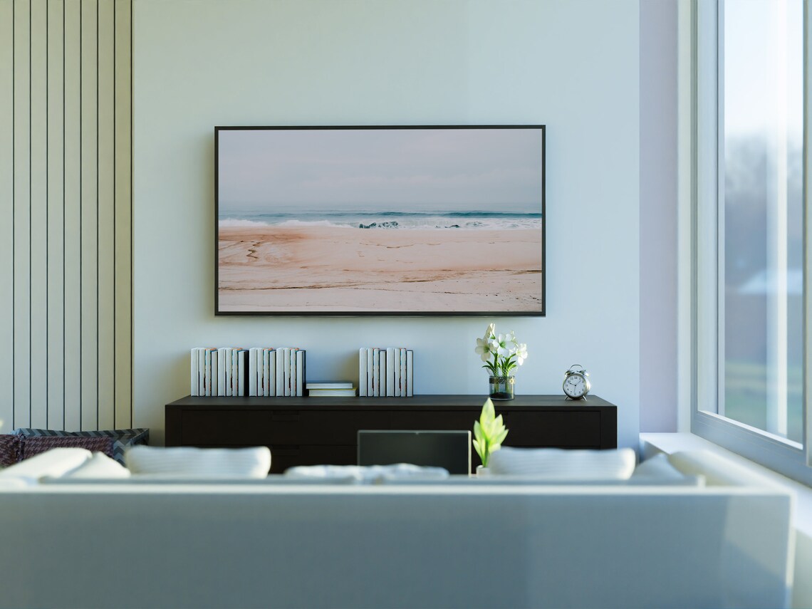 Empty Sandy Beach Gentle Waves Pale Minimalist Coastal Serenity Poster - Image 3